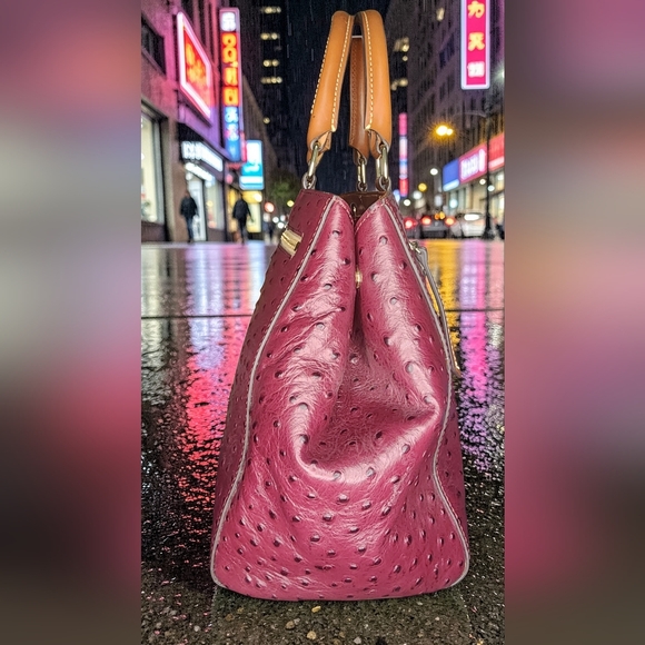 Dooney & Bourke Burgundy Ostrich Zip Satchel With Tan Handles - Picture 7 of 16